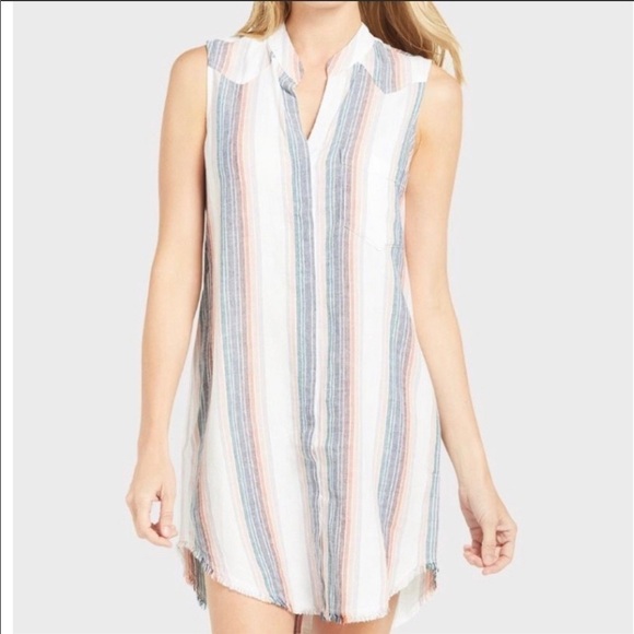 Cloth & Stone Sunburst Striped Fray Hem Sleeveless Button Down Dress Size Small - Picture 2 of 8